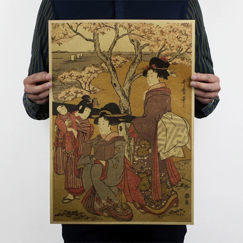 Крафт-бумага, японская гейша Ukiyoe, ВИНТАЖНЫЙ ПЛАКАТ из крафт-бумаги, декор для бара, кафе, наклейки на стену, настенная наклейка, декоративная живопись для дома