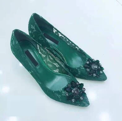 VIISENANTIN/ г. весенне-летние кружевные туфли на высоком каблуке свадебные туфли-лодочки разных цветов с кристаллами и драгоценными камнями женская обувь Красного и телесного цвета - Цвет: dark green 6cm heel