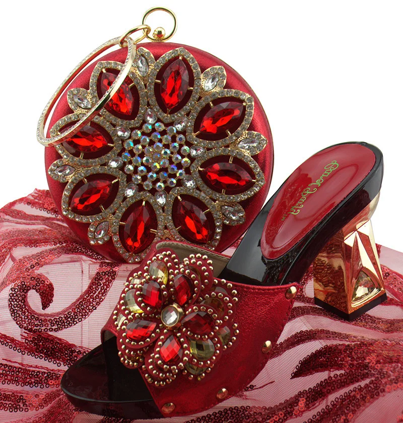 

Red color shoes and bag matching set for african aso ebi rhinestones shoes and bag slippers shoes and clutches bag SB8274-5