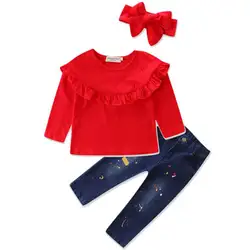 Милые новые детские наряды для маленьких девочек красная футболка с длинными рукавами и оборками джинсы с длинными карманами и штаны