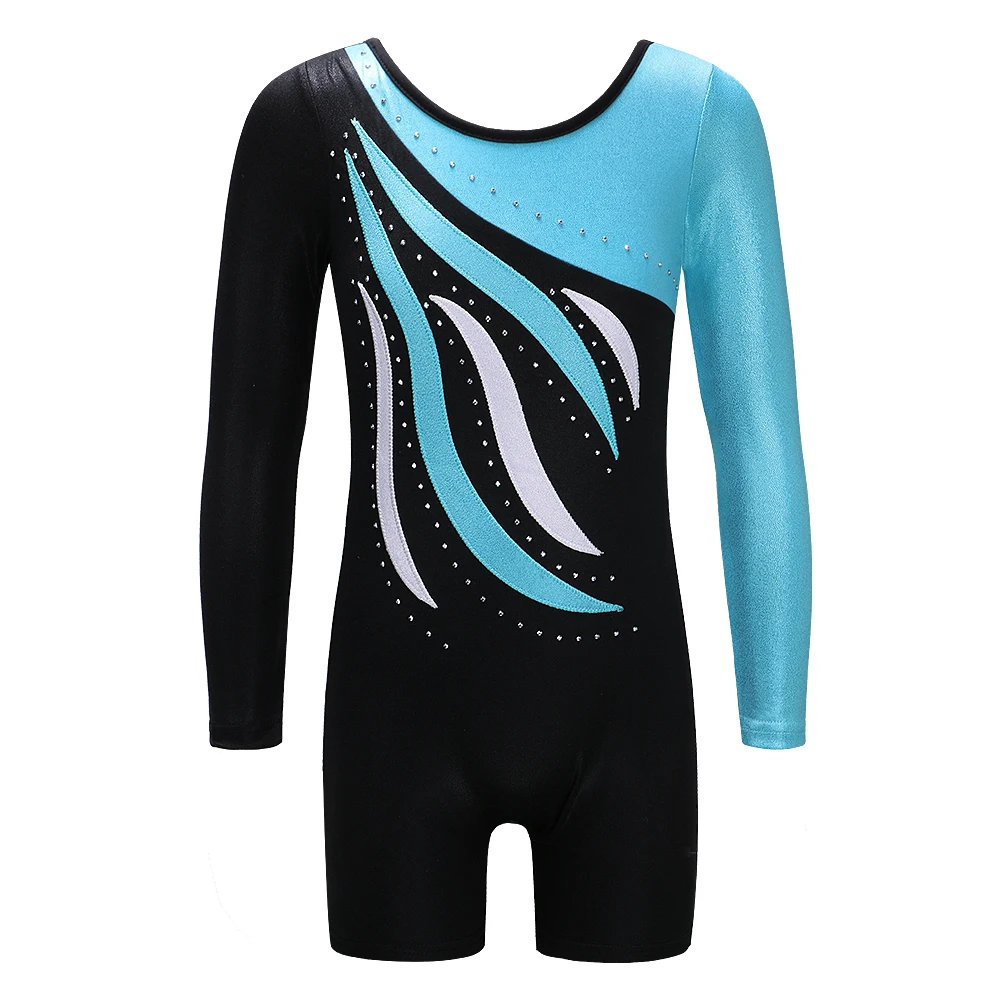 Ceny BAOHULU z długim rękawem Patchwork dziewczyny gimnastyka kombinezon Biketard mieniące się kryształki nastolatki trykot gimnastyka kostium dla dzieci