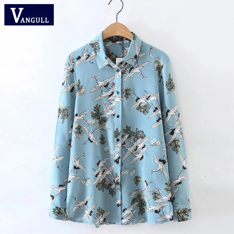 

Crowned crane blouse women tops swan birds print shirt women blouses 2018 new long sleeve shirts sky color chemise femme blusa