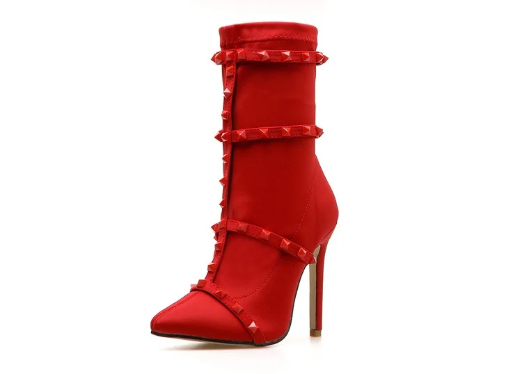 Botas mujer на осень-зиму пикантные до середины икры Женские ботинки обувь на высоком каблуке женские модные заклепки туфли-лодочки с острым носком черный, красный Большие размеры - Цвет: red 12cm
