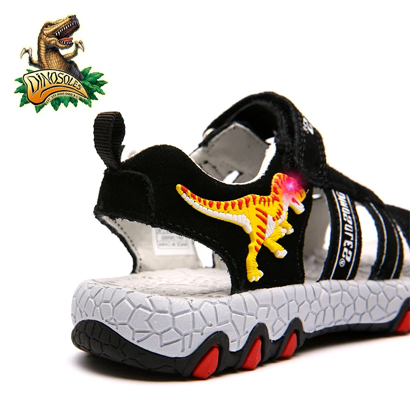 DINOSOLES Sandals Boys Light Up Led Kids Summer Shoes 3D Dinosaur Causal Beach Sandals 2019 Anti-Slip Leather Children Shoes
