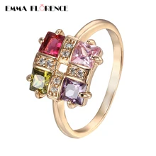 2018 Luxury Colorful Square CZ Finger Rings Quality Gold Color Party Promise Rings for Women Anniversary Gift Fashion Jewelry