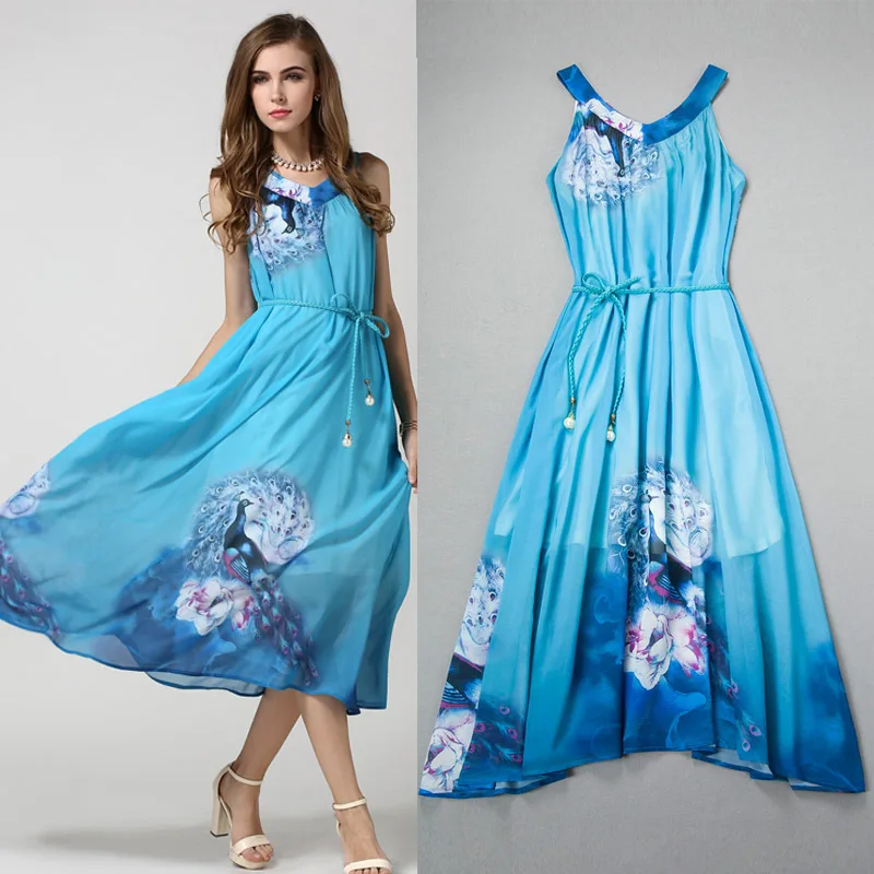 Sale New 2015 Spring Long Maxi Chiffon Peacock Print Dresses for Women