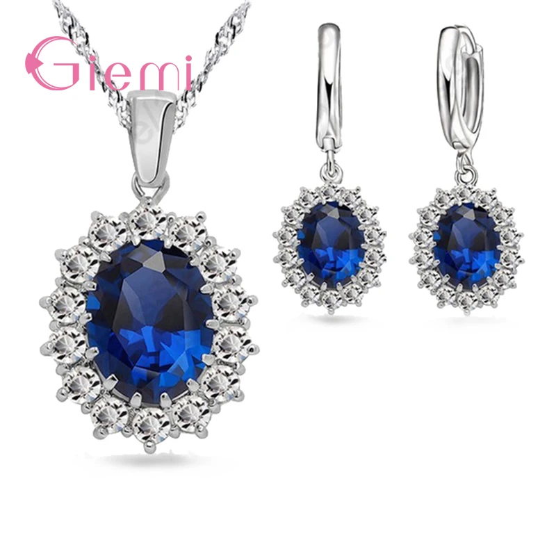 

GIEMI Princess Wedding Set Genuine 925 Sterling Silver 5A Blue Cubic Zirconia Pendant Necklace Earrings Woman Jewelry Sets
