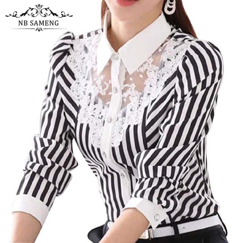 2017 New Women Lace Blouses Long Sleeve Lapel Striped Shirt Casual