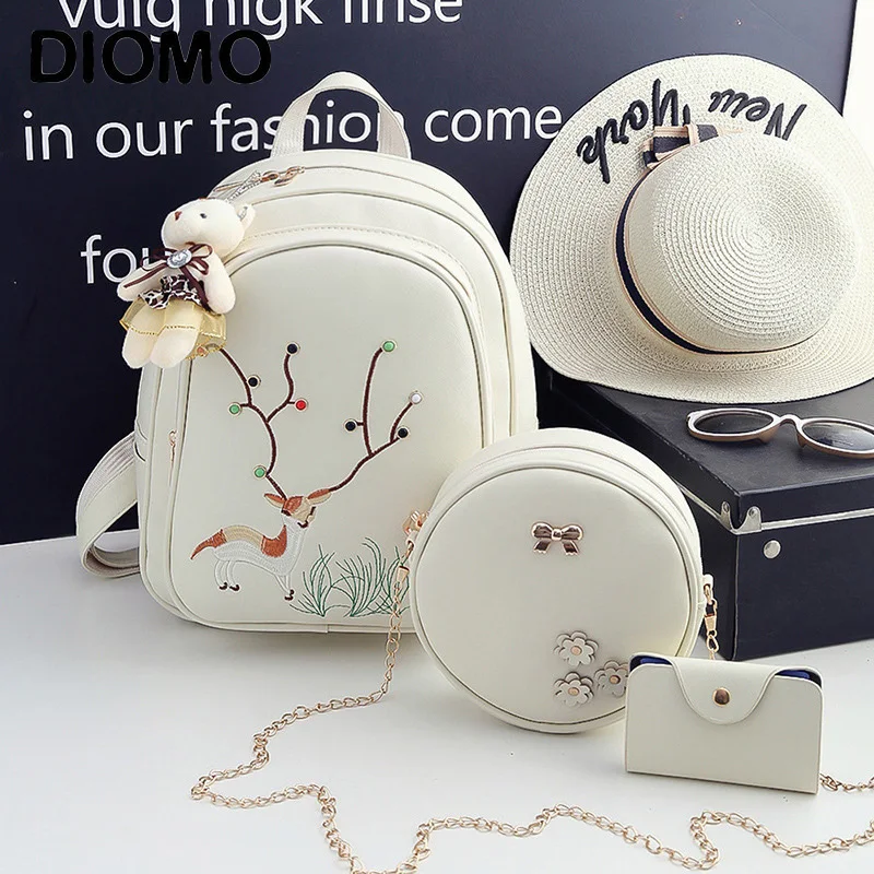 

DIOMO Three-piece Embroidered Animal Pu Leather Bag Mini Backpack Female Sac A Dos Femme Pack Pack Feminine luxury bagpack girls