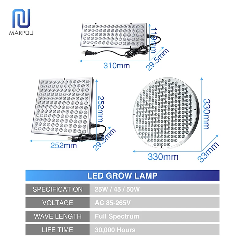 Светодиодный светильник для выращивания, полный спектр, 25 Вт, 45 Вт, 50 Вт, AC85-265V, светильник для роста растений, УФ ИК-панели, лампы для теплицы, для выращивания в помещении
