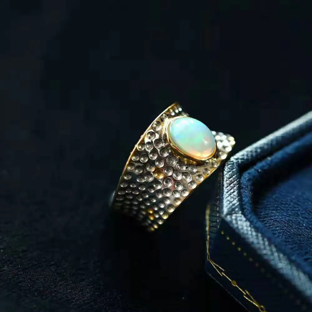 

RADHORSE 925 Silver Rings for Women Fine Jewelry Opal Hammer Grain Modeling Sterling Silver Ring Adjustable Silver