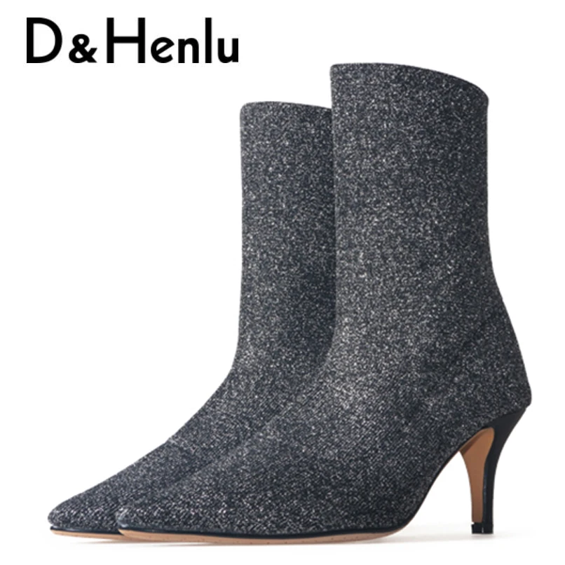 {D&Henlu}autumn shoes sock boots women elastic boots for women thin heels ankle boot mid-calf women boot