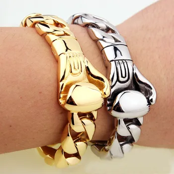 

15*220mm Stainless Steel Boxing Gloves Cuban Miami Link Chains Bracelets Bangle for Men Hip Hop Rock Jewelry Gold Silver Color