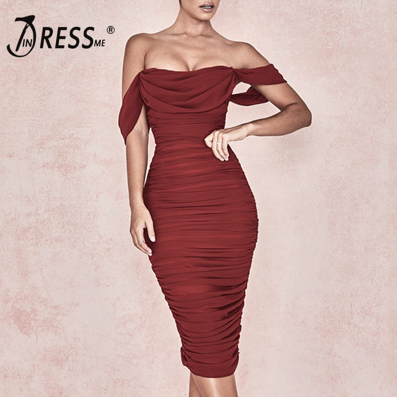 

INDRESSME Women Sexy Off The Shoulder Slash Neck Bodycon Draped Midi Dress Backless Party Club Dress Vestidos 2019 New Summer