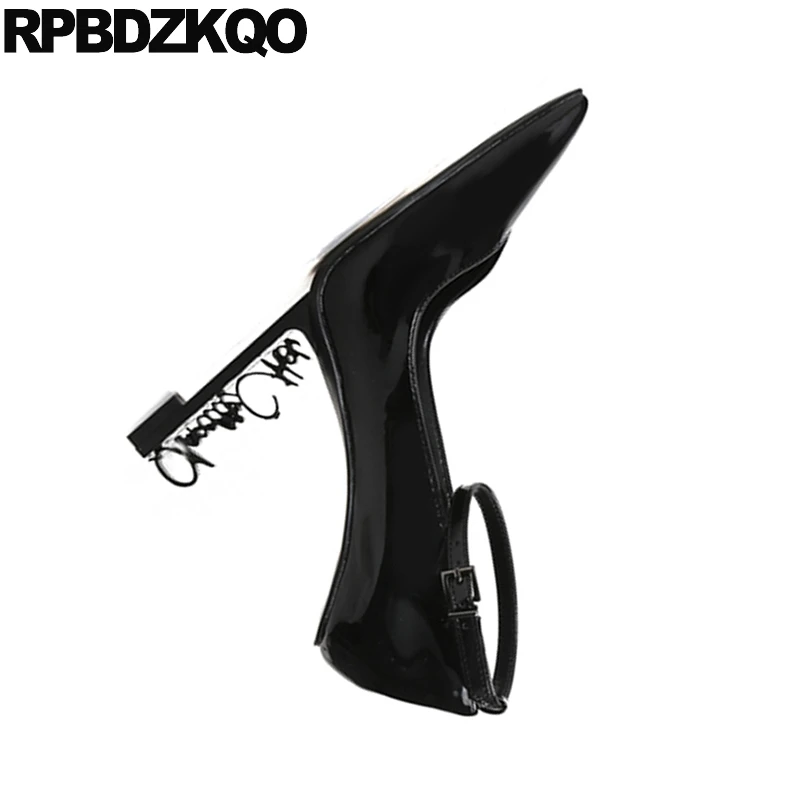 Women Shoes Size 4 34 Black Wedge Abnormal Extreme Pointed Toe Patent Leather Pumps Super High Heels Ankle Strap Ultra Novelty