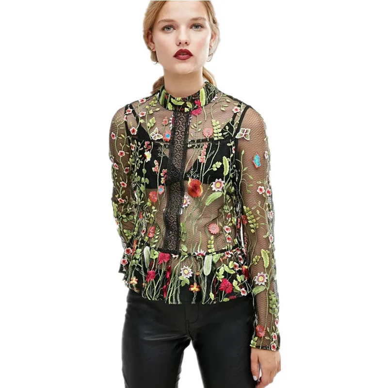 Summer Style Ladies Transparent Blouse Sexy Turtleneck Long Sleeve Gauze Embroidery Design Women