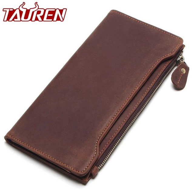 TAUREN 100% Genuine Leather Classic Wallet Best Crazy Horse Leather Men Wallets Long Vintage ...