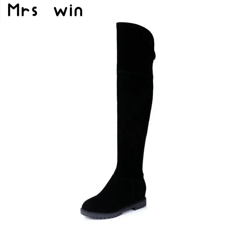 

South korean style autumn luxurious over knee high boots nubuck round toe side zipper flat warm riding women boots ladies shoes