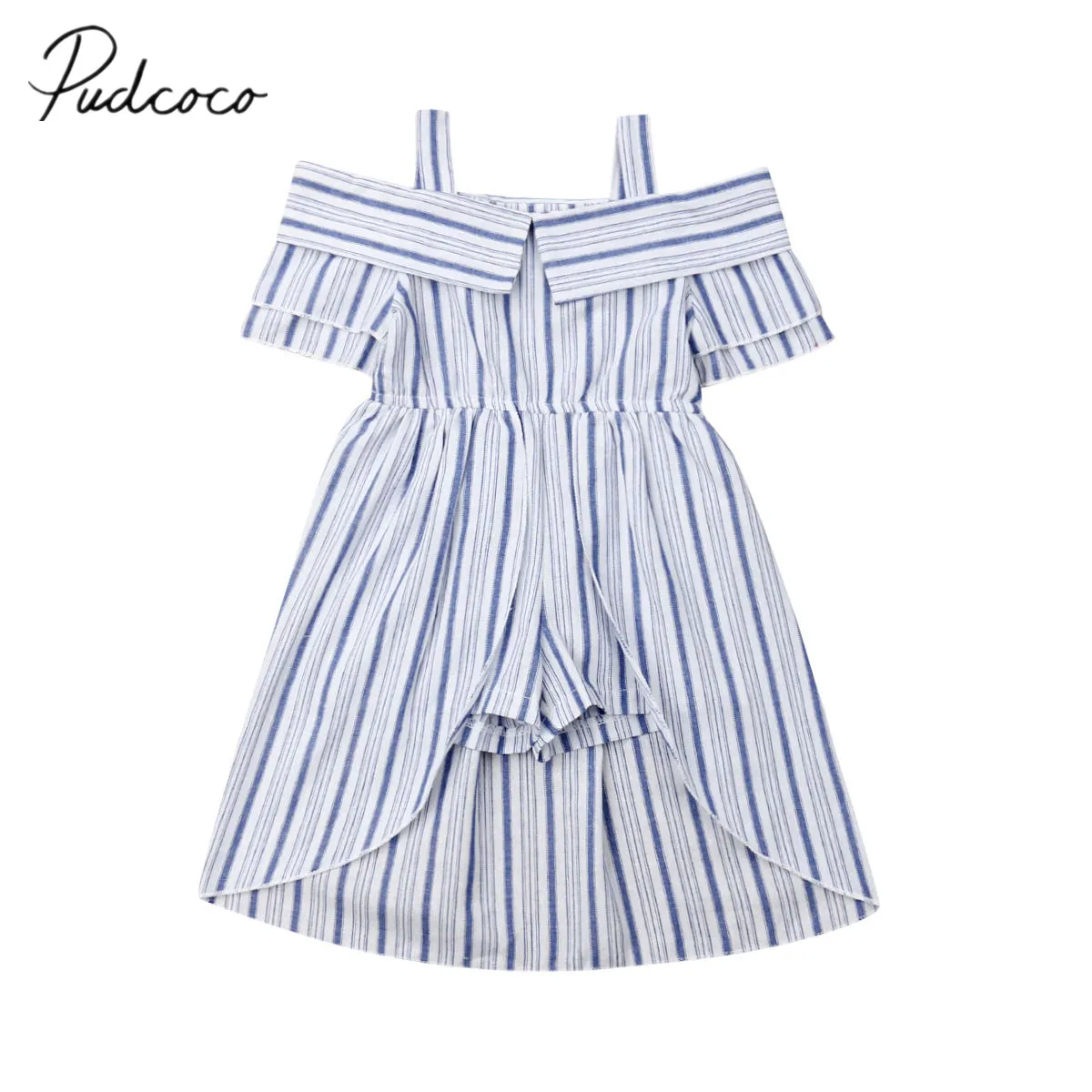 

2019 Baby Summer Clothing 1-6Y Toddler Kids Baby Girl Romper Dress Off Shoulder Blue Striped Jumpsuit Outfit Cute Dress Gown
