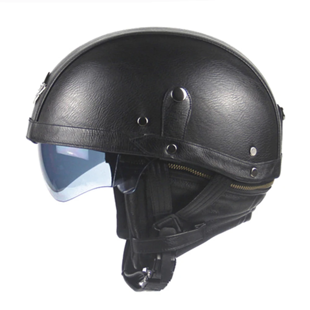 

New Synthetic Leather Motorcycle Helmet Retro Vintage Half Helmet Cruiser Scooter Touring Casco Moto Helmet DOT Sun Shield Lens