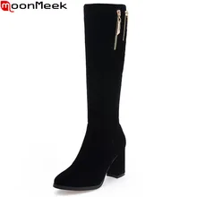MoonMeek/черные женские сапоги из флока сапоги до колена на молнии с квадратным каблуком и круглым носком простые удобные женские сапоги большие размеры 34-42