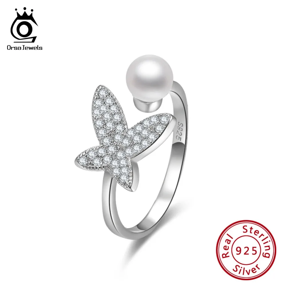 

ORSA JEWELS 925 Sterling Silver Women Rings With Top Simulated Pearl AAA CZ Butterfly Adjustable Finger Ring Jewelry Gift OSR122