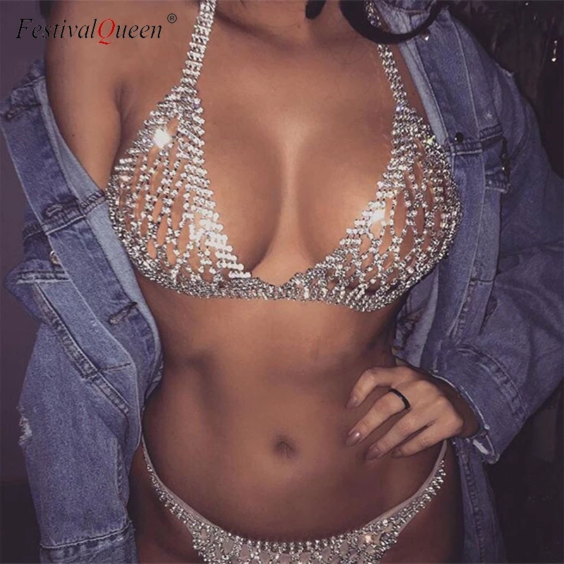 FestivalQueen luxury hollow out diamond bra set women sexy halter chain transparent wire free unlined underwear rhinestone bra