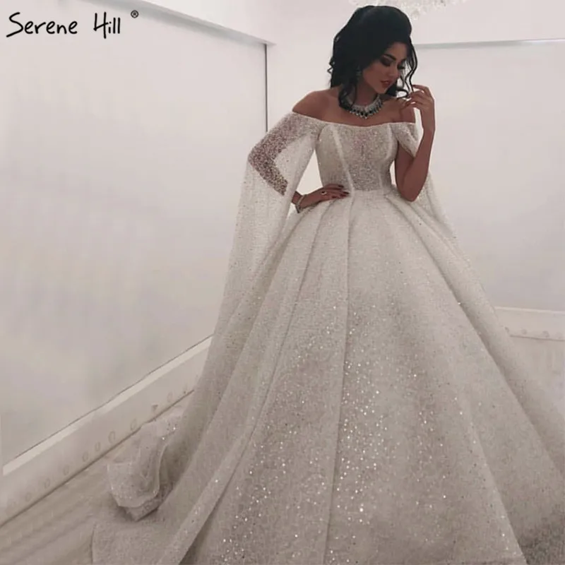 

White Off Shoulder Luxury Dubai Wedding Dresses Design 2019 Vintage Sleeveless Shawl Yarn Sexy Bridal Wedding Gown BHA2196