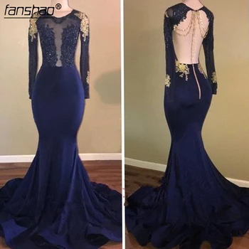 

Navy Blue 2019 Prom Dresses Mermaid Spandex Long Sleeves Lace Beaded Backless Party Maxys Long Prom Gown Evening Dresses-in Prom