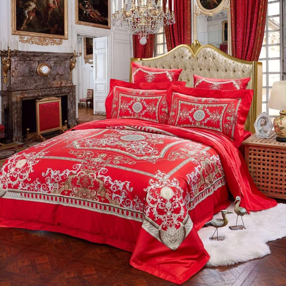 Free shipping high quality luxury royal europe design classic red color wedding gift bedding set