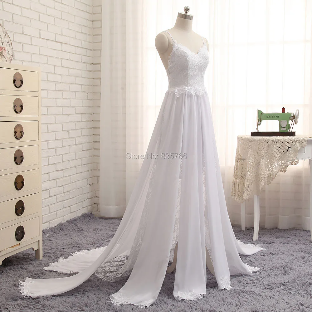 

Real Image 2019 robe de mariage Spaghetti Straps Slit Sexy Beach Wedding Dress Chiffon and Lace Boho Bridal Gowns