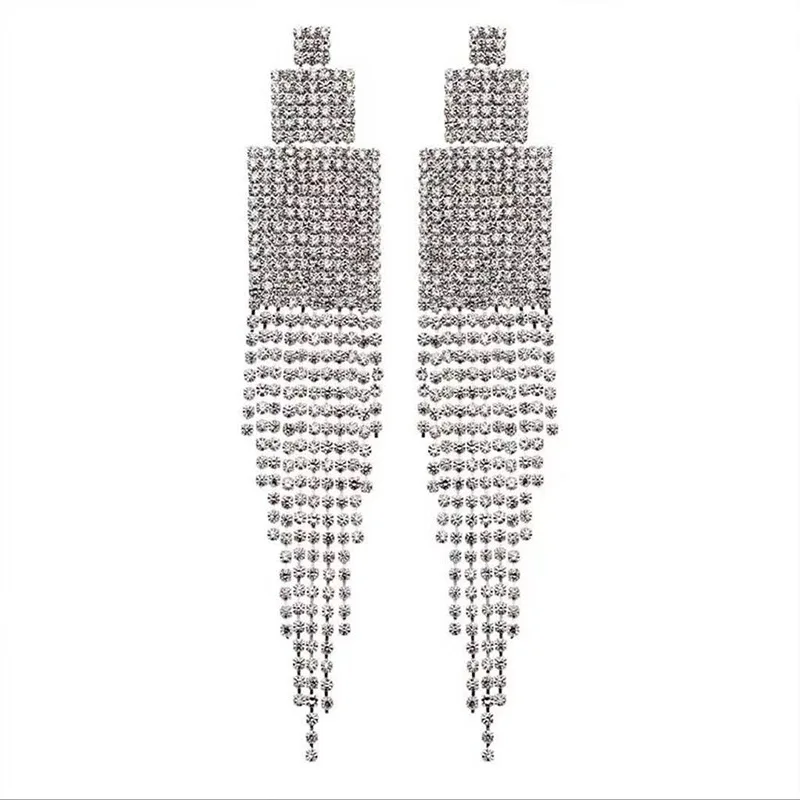 Crystal Diamante Rhinestone Long Tassel Earrings Geometric Square Shape