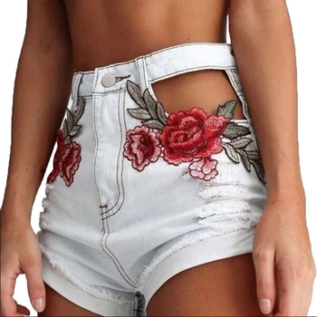 

New Hollow Out Jeans shorts Women Rose Embroidery Sexy White Ripped Denim Pantalones Summer High Waist Short Pants Hole Female