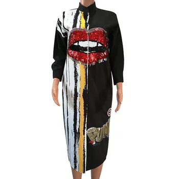 

African Dresses For Women Sequins Red Lip Shirt Dress African Clothes Print Dashiki Ladies Clothing Ankara Africa Women Dress