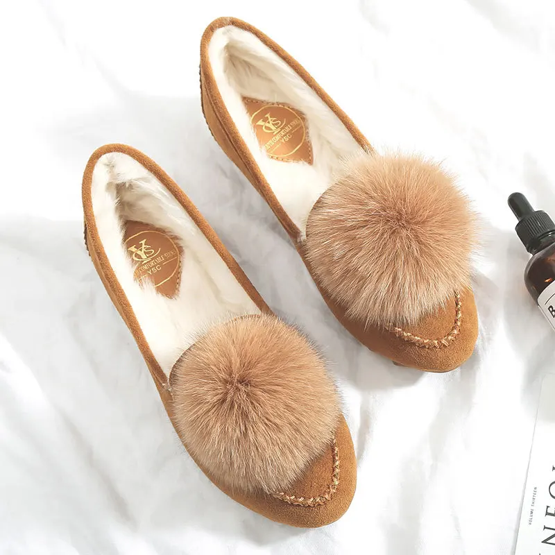 Pointed toe pompon fur shoes women winter plush slip on ballet flats women fur moccasins cozy warm lazy shoes