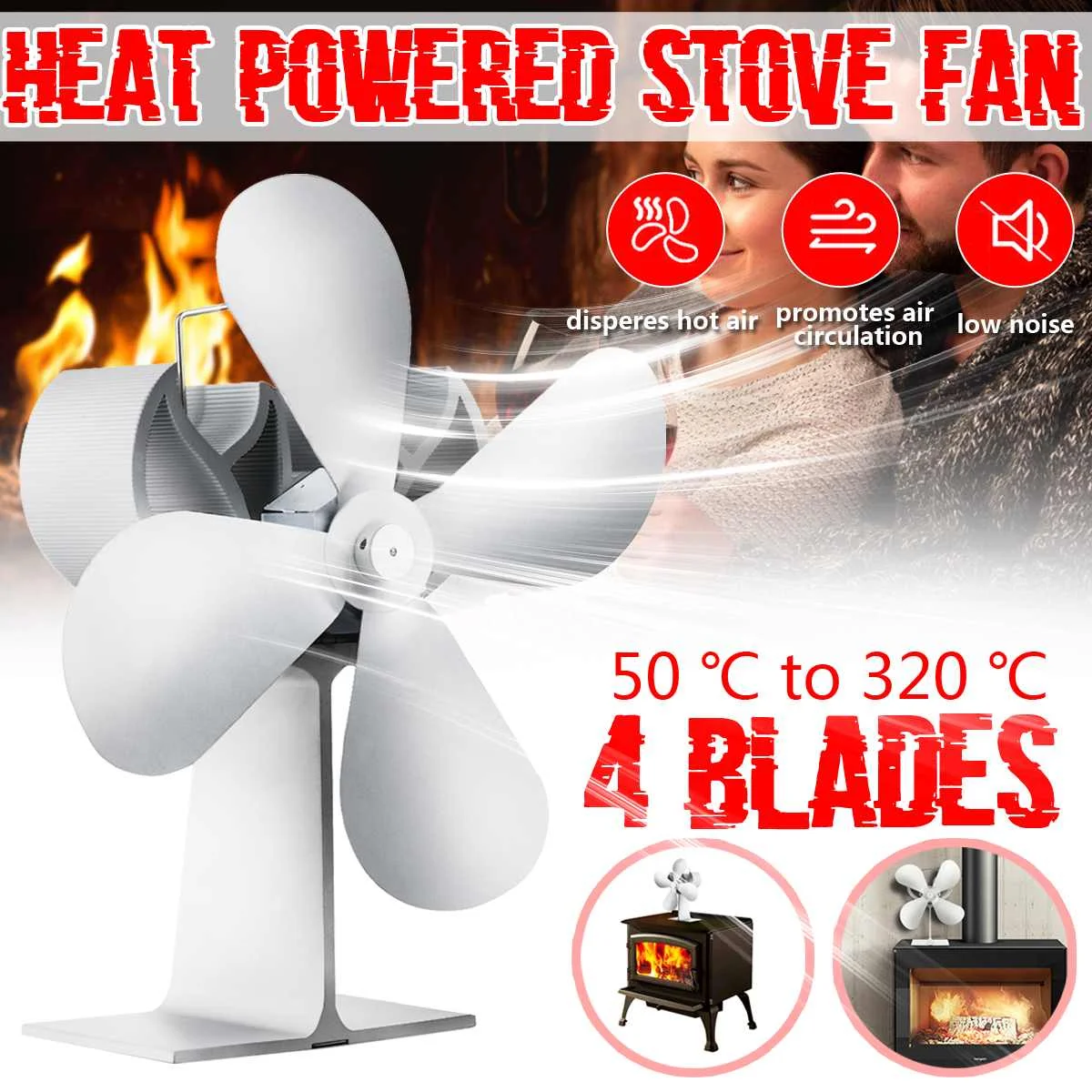 

4 Blade White Stove Fan Fireplace Fan Heat Powered komin Wood Burner Eco Fan Friendly Quiet Home Efficient Heat Distribution