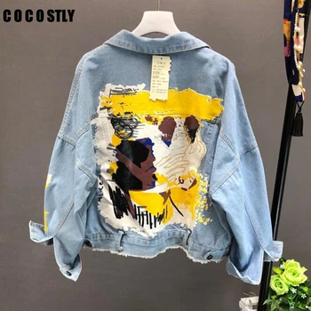 

Hand-painted Pattern Chic Coat Letters Print Cool Girl Denim Jacket 2019 Autumn Fashion Pockets BF Outwear casaco feminino