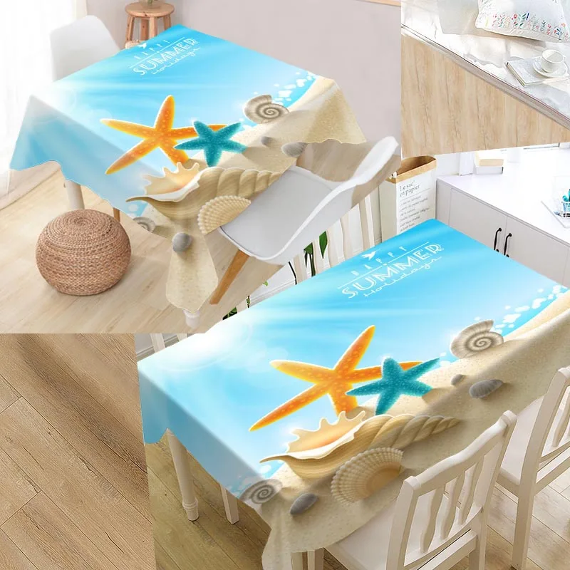 

Custom Seashells On Beach Table Cloth Oxford Print Rectangular Waterproof Oilproof Table Cover Square Wedding Tablecloth