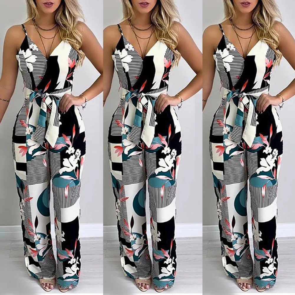 Boho женский комбинезон с ремешками и цветочным рисунком летний женский праздничный Цветочный комбинезон без рукавов с бандажным бантом Летний Пляжный комбинезон с v-образным вырезом