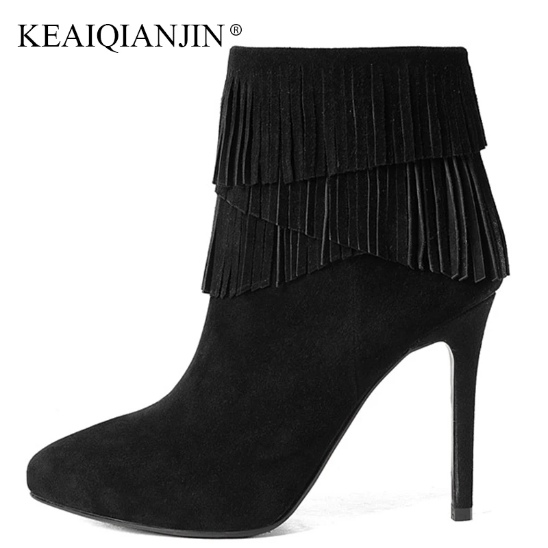 

KEAIQIANJIN Woman Genuine Leather Fringe Ankle Boots Plus Size 33 Pointed Toe Plush Boots Autumn Winter Black High Heeled Shoes