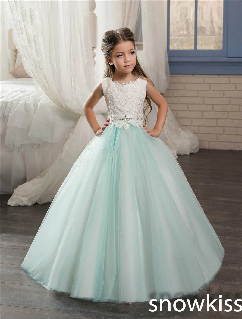 2019 vestidos de de flores blancas y menta con cuentas de tul vestido de baile pequeños desfile vestido infantil graduación vestidos de noche|girls dress|little girls dresseswhite flower girl dress -