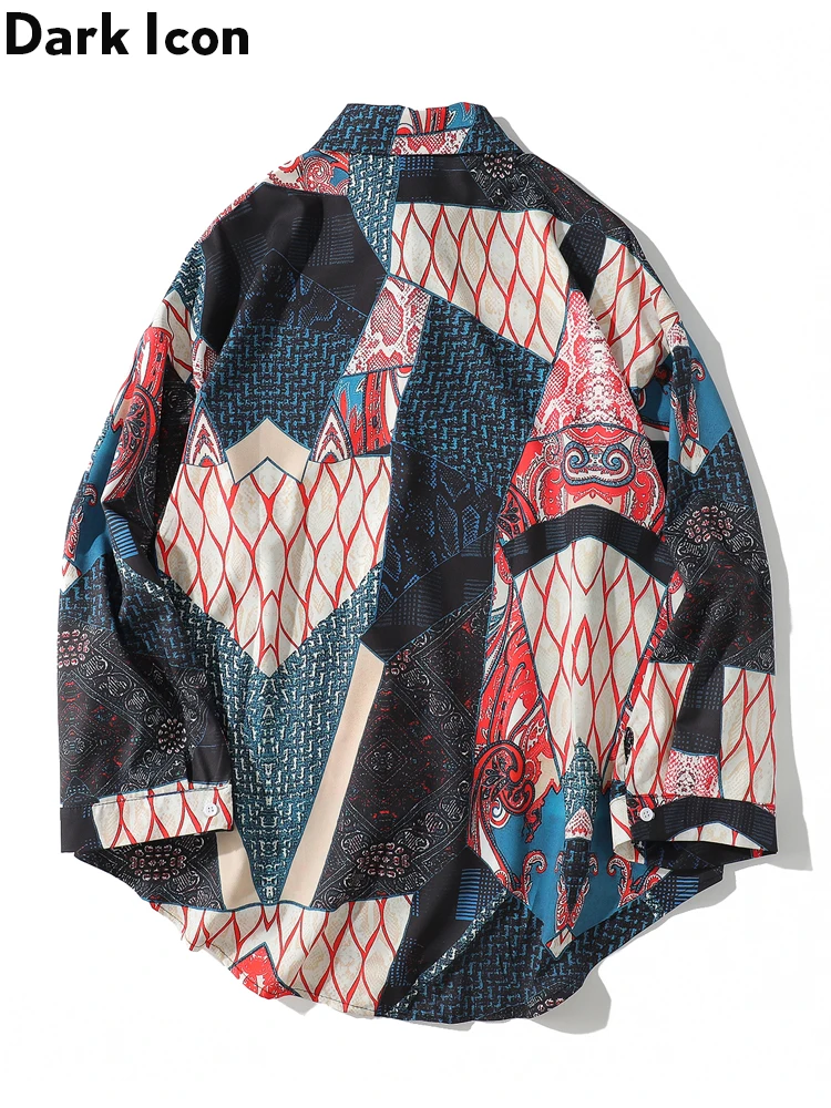 Dark Icon Ukiyo Egeometry Patchwork Long Sleeved Shirts Men Hip Hop Shirts Streetwear Shirts Men's Top