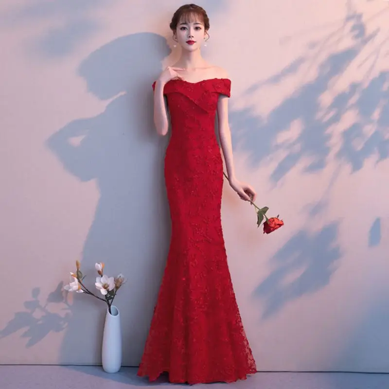 Новые китайские красные женские Cheongsam Сексуальные с открытыми плечами Qipao элегантные женские Русалка длиной в Пол платья невесты тост