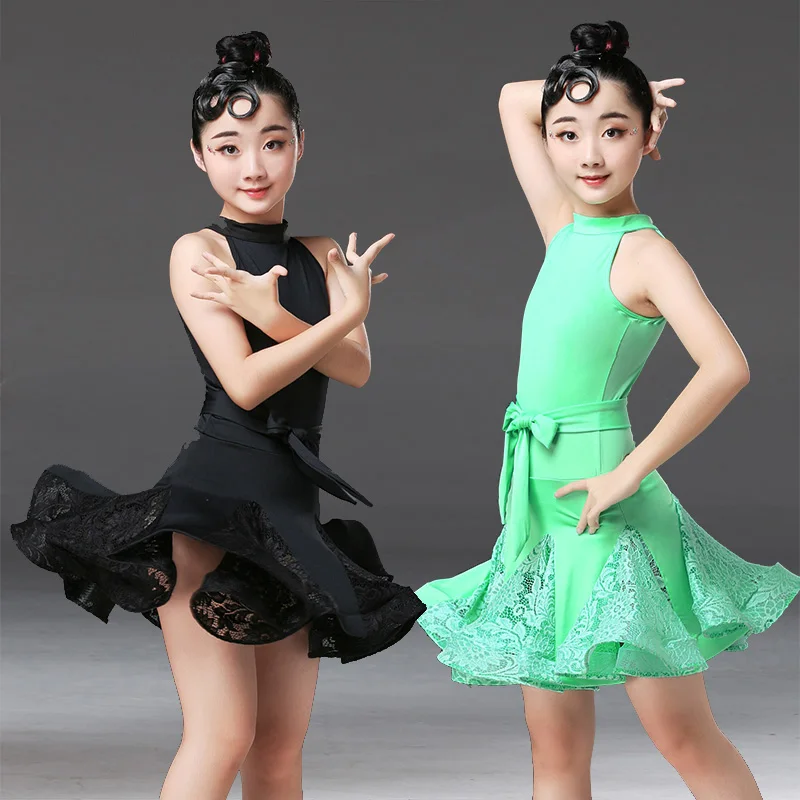 2019 New Children'S Latin Dance Dress For Girls Sexy Lace Black Green Sleeveless Ballroom Performance Dancing Dresses DL3604 |