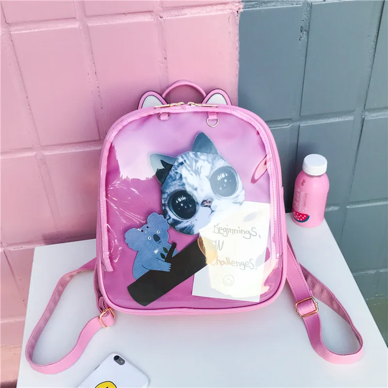 

Harajuku Clear Transparent Backpack Women Bookbag Cute Cat Women Travel Backpack Shoulder Bag For Teenage Girls