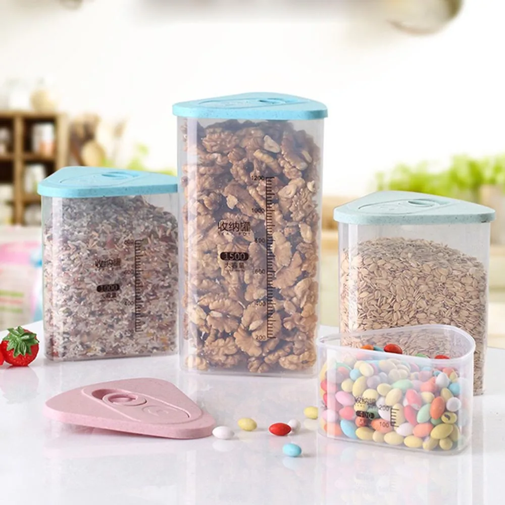 

3Pcs Triangle Kitchen Sealed Storage Box Practical Healthy Food Storage Box Grains Coffee Tea Tin Transparent Plastic Container