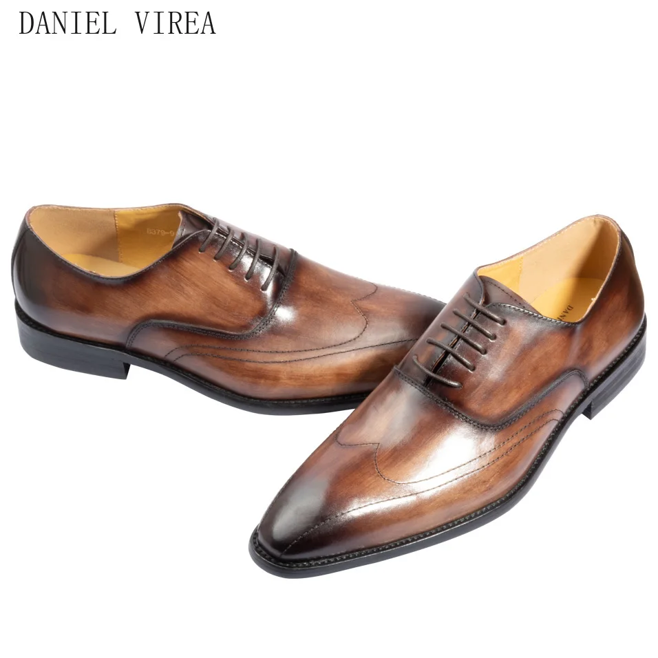 

Genuine Leather Mens Shoes Handmade Office Business Wedding Dress mixed coffee color Luxury Formal pointed toe Oxfords men shoes