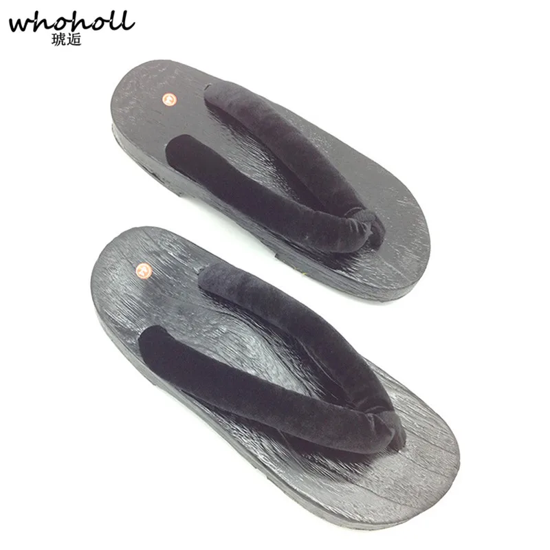 

WHOHOLL Geta Summer Sandals Men Solid Black Wooden Clogs Male Cos Japanese Geta Flat Platform Flip-flops Sandal Home Indoor Shoe
