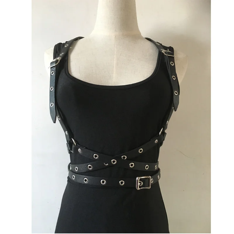 

New Fashion Punk Metal Hollow Rivet garters Faux Leather material Suspenders Sculpting harness waist belt Straps suspenders Belt