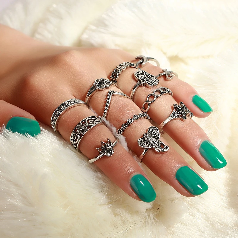 

Carving Ring Suit Ring Elephant Lady Bohemian Retro Gift Holiday 13pcs Set
